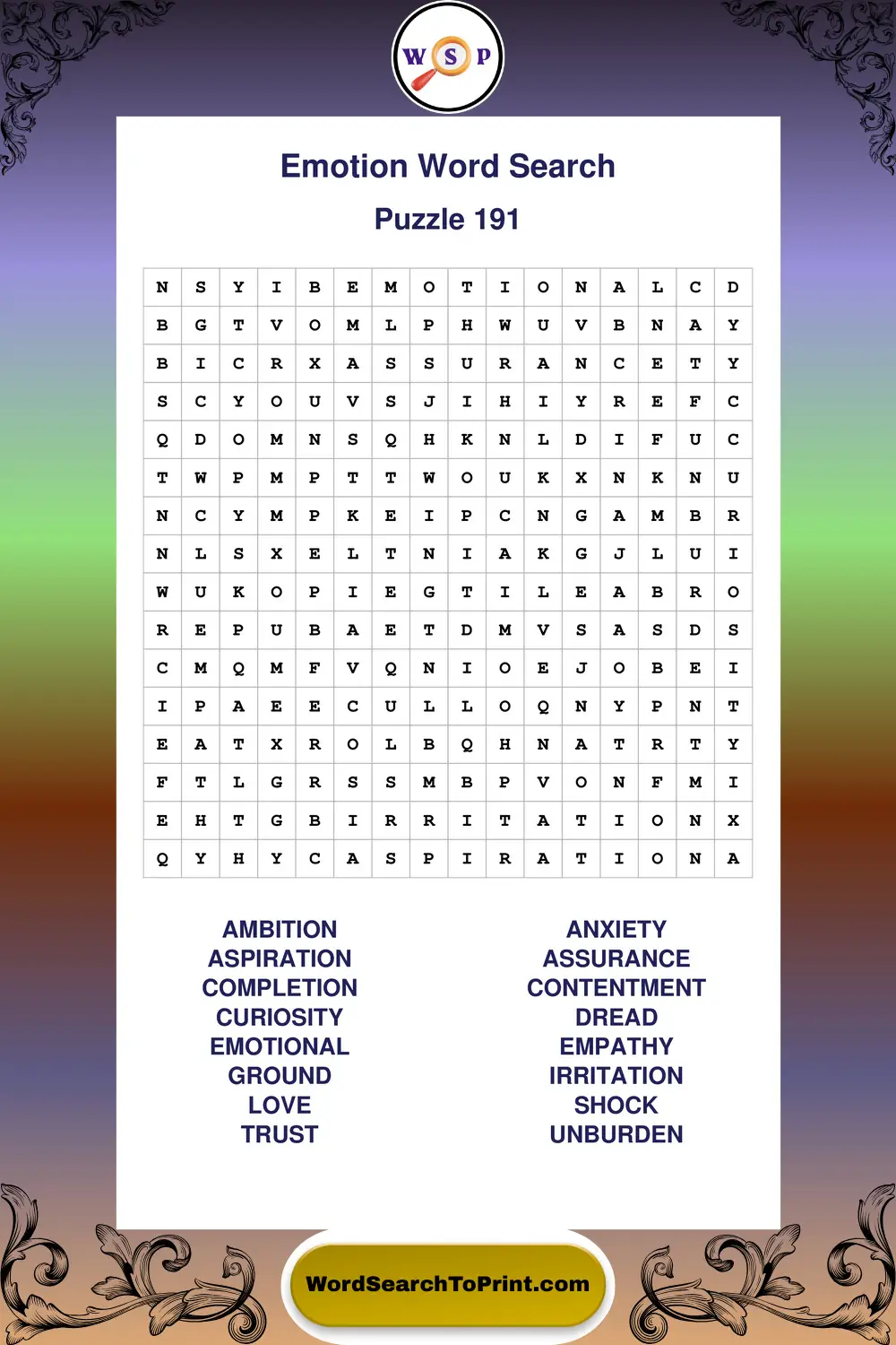 Emotion Word Search Puzzle 191