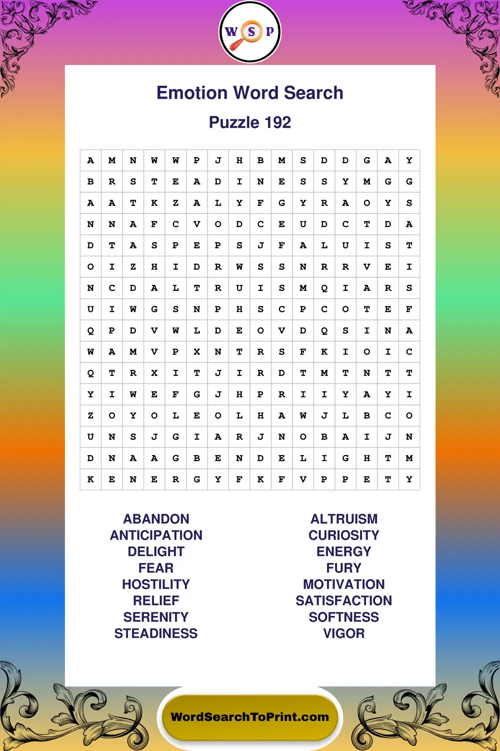 Emotion Word Search Puzzle 192