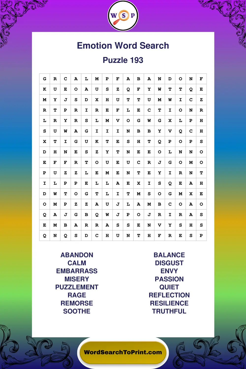 Emotion Word Search Puzzle 193