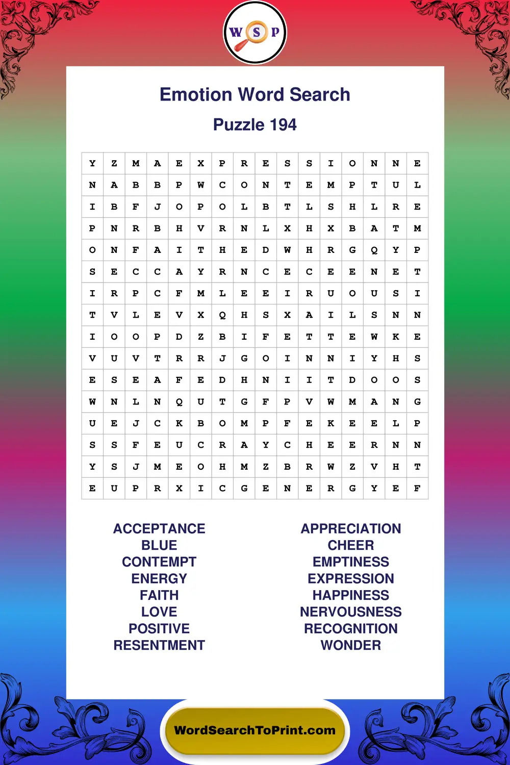 Emotion Word Search Puzzle 194