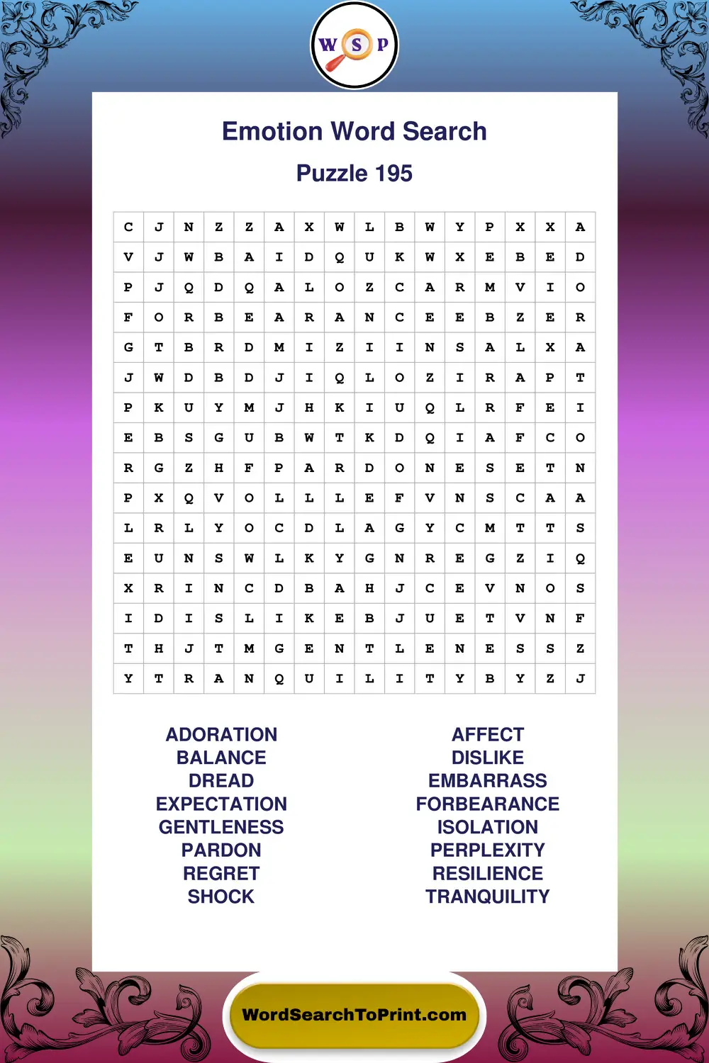 Emotion Word Search Puzzle 195