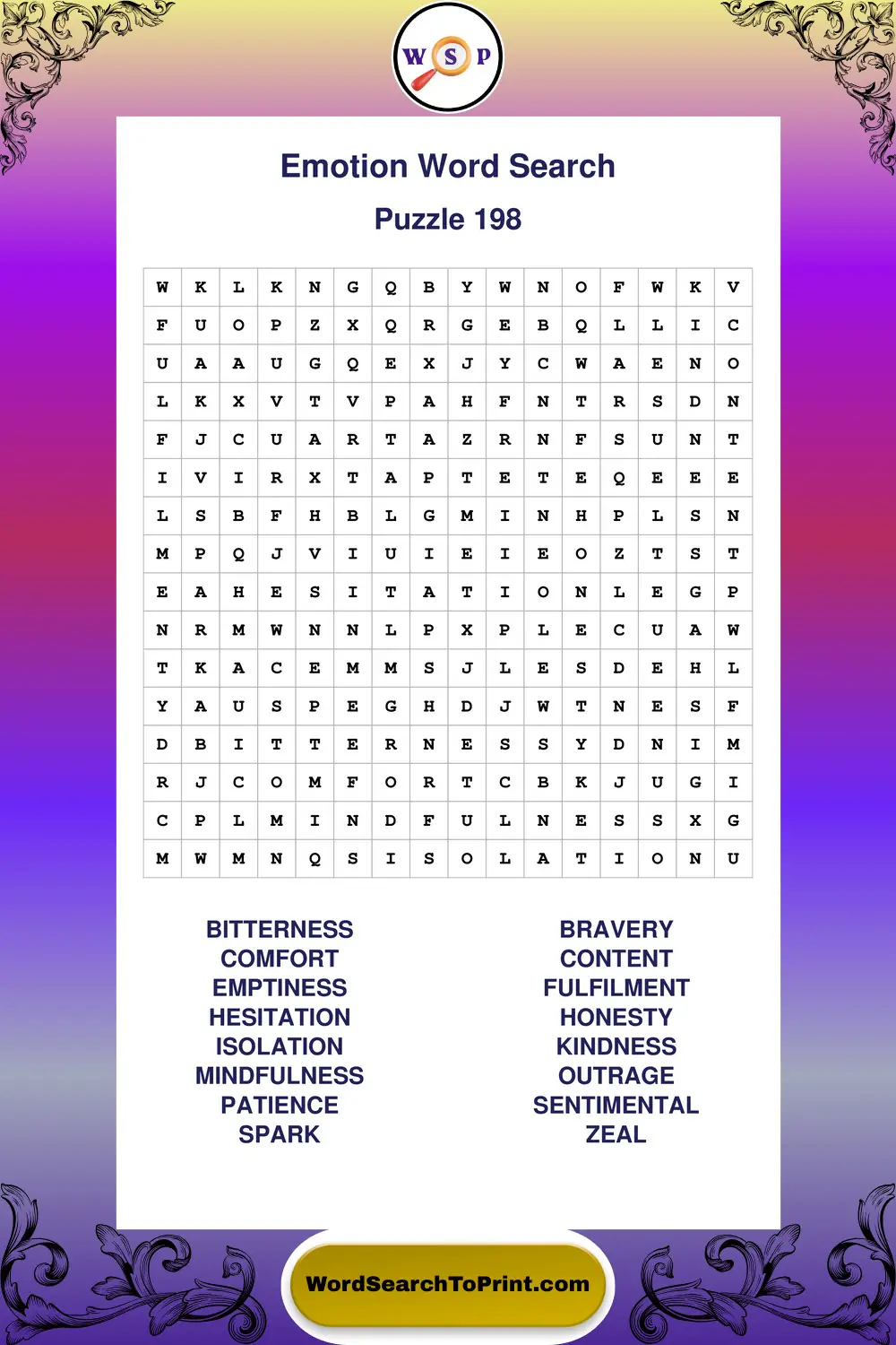 Emotion Word Search Puzzle 198