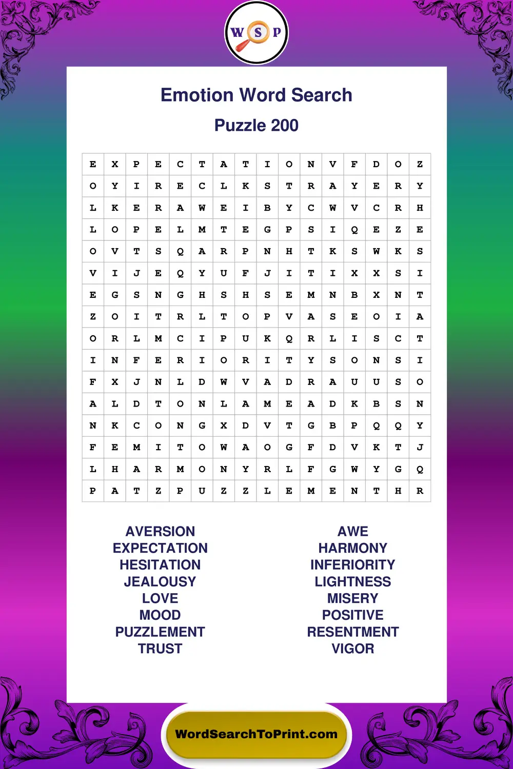 Emotion Word Search Puzzle 200