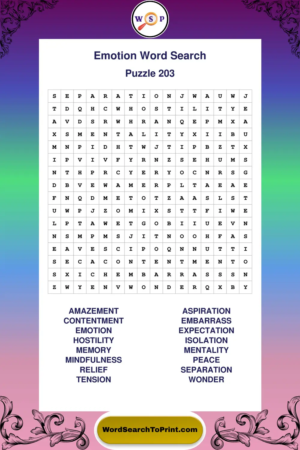 Emotion Word Search Puzzle 203