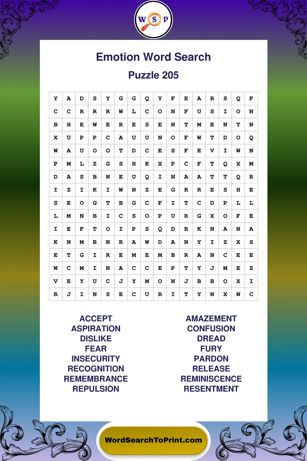 Emotion Word Search Puzzle 205