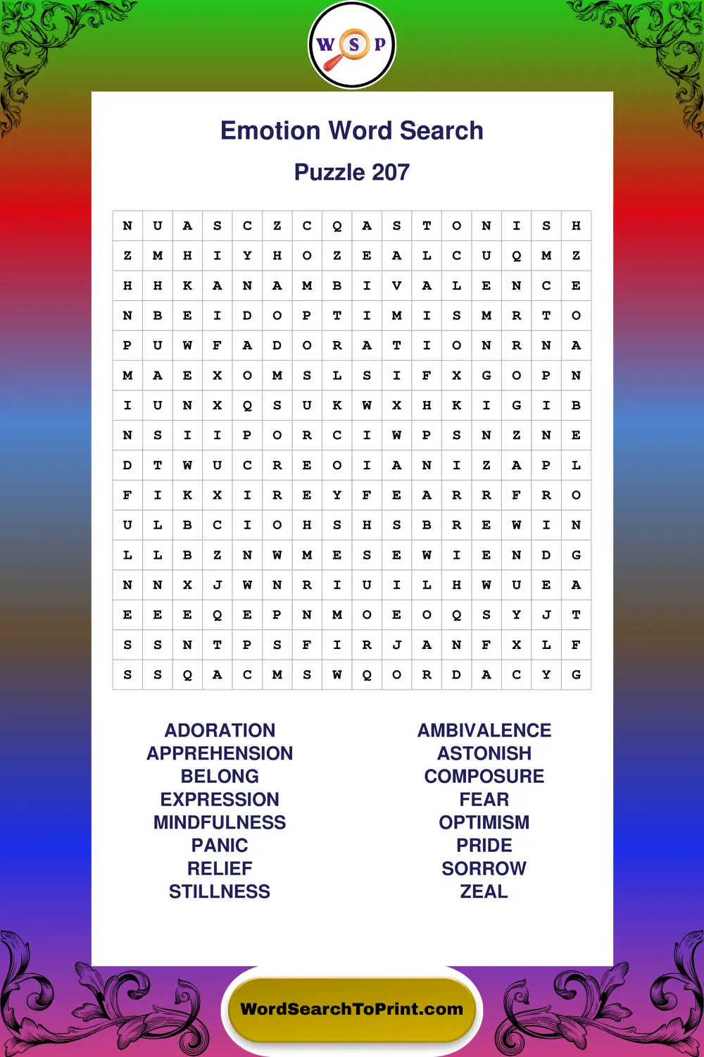 Emotion Word Search Puzzle 207