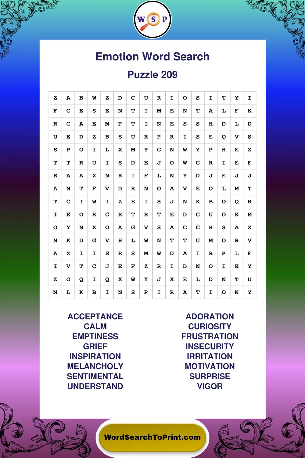 Emotion Word Search Puzzle 209