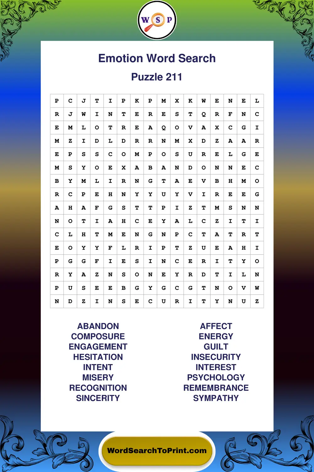 Emotion Word Search Puzzle 211