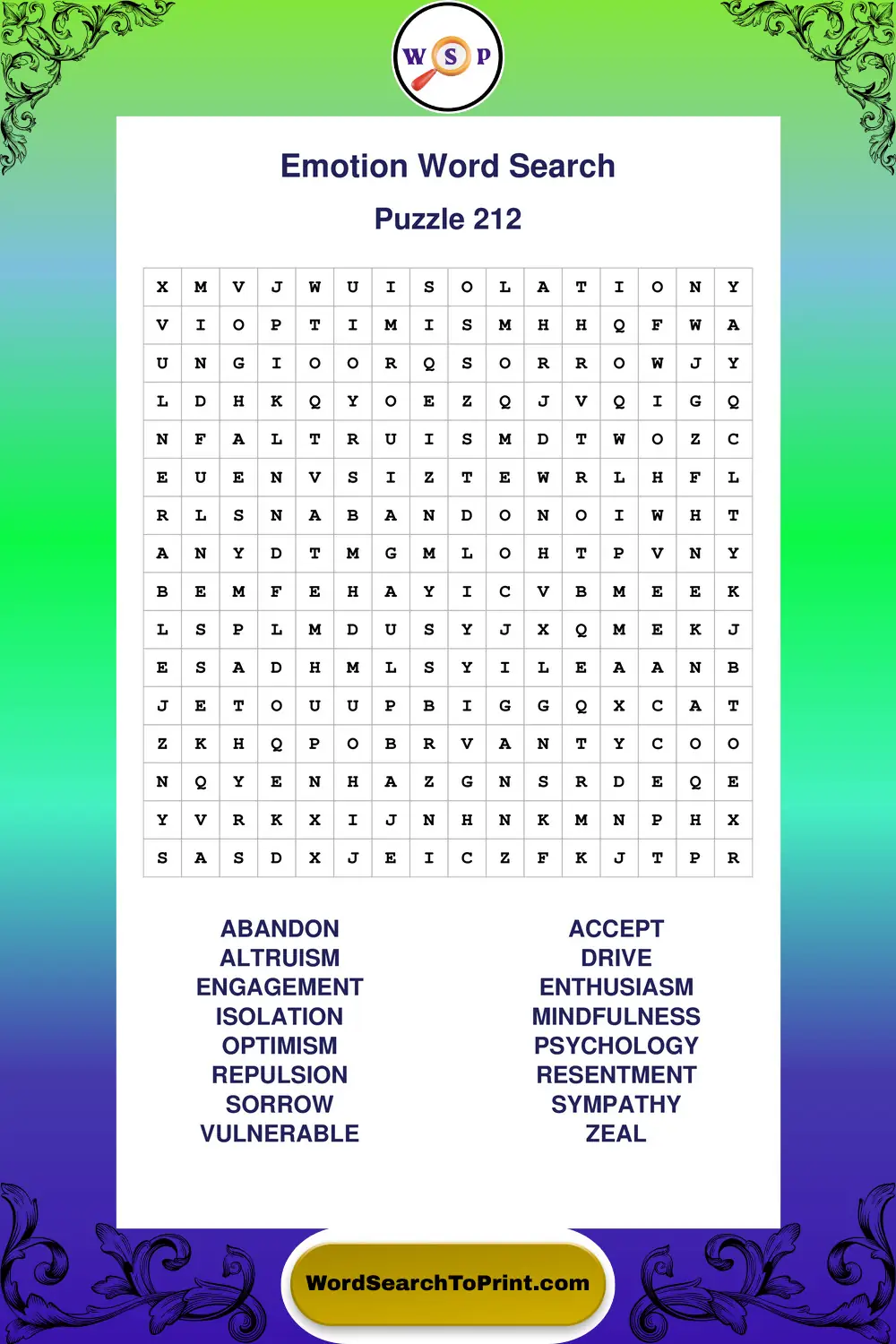 Emotion Word Search Puzzle 212