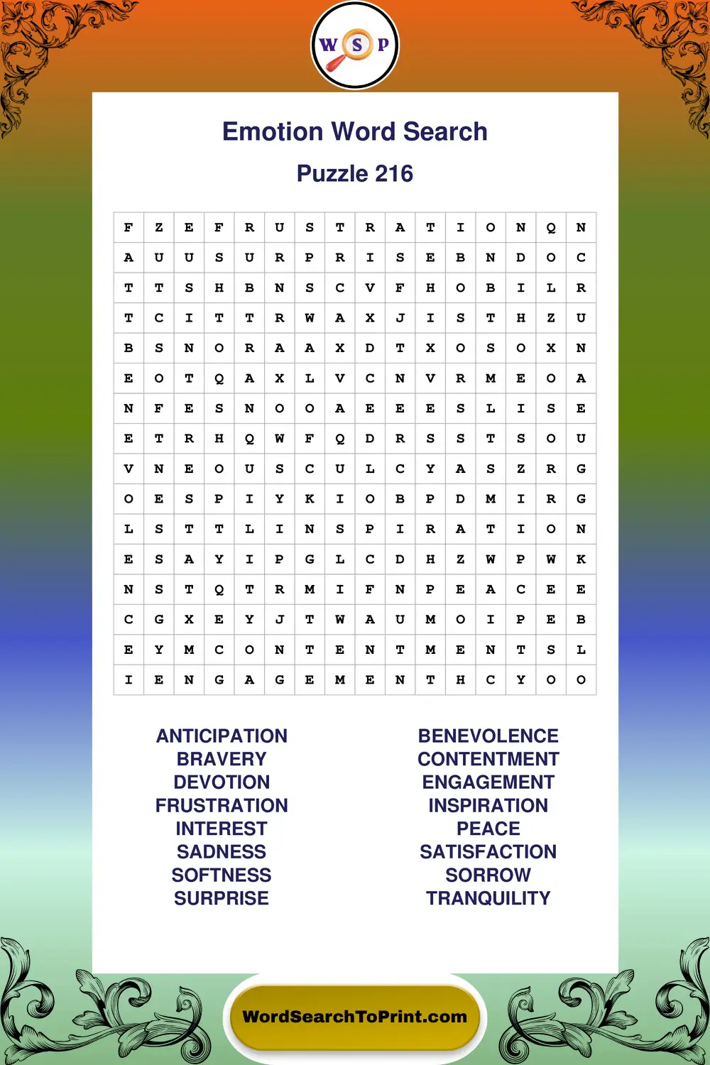 Emotion Word Search Puzzle 216