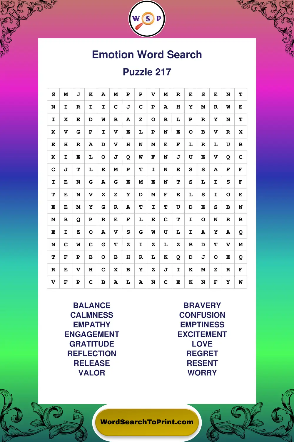 Emotion Word Search Puzzle 217
