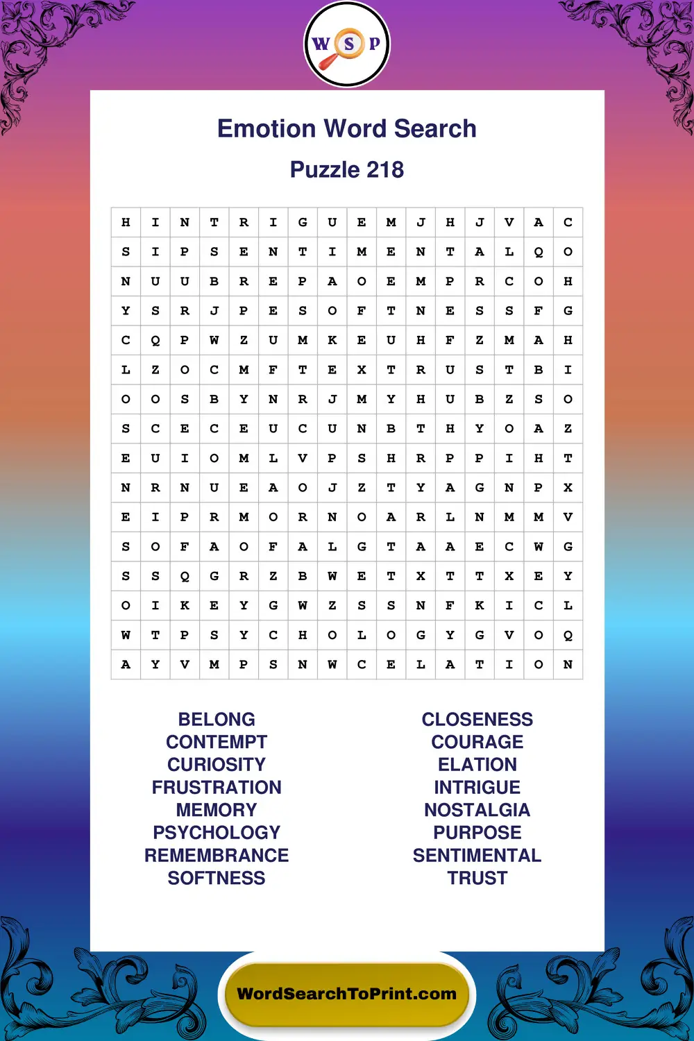 Emotion Word Search Puzzle 218