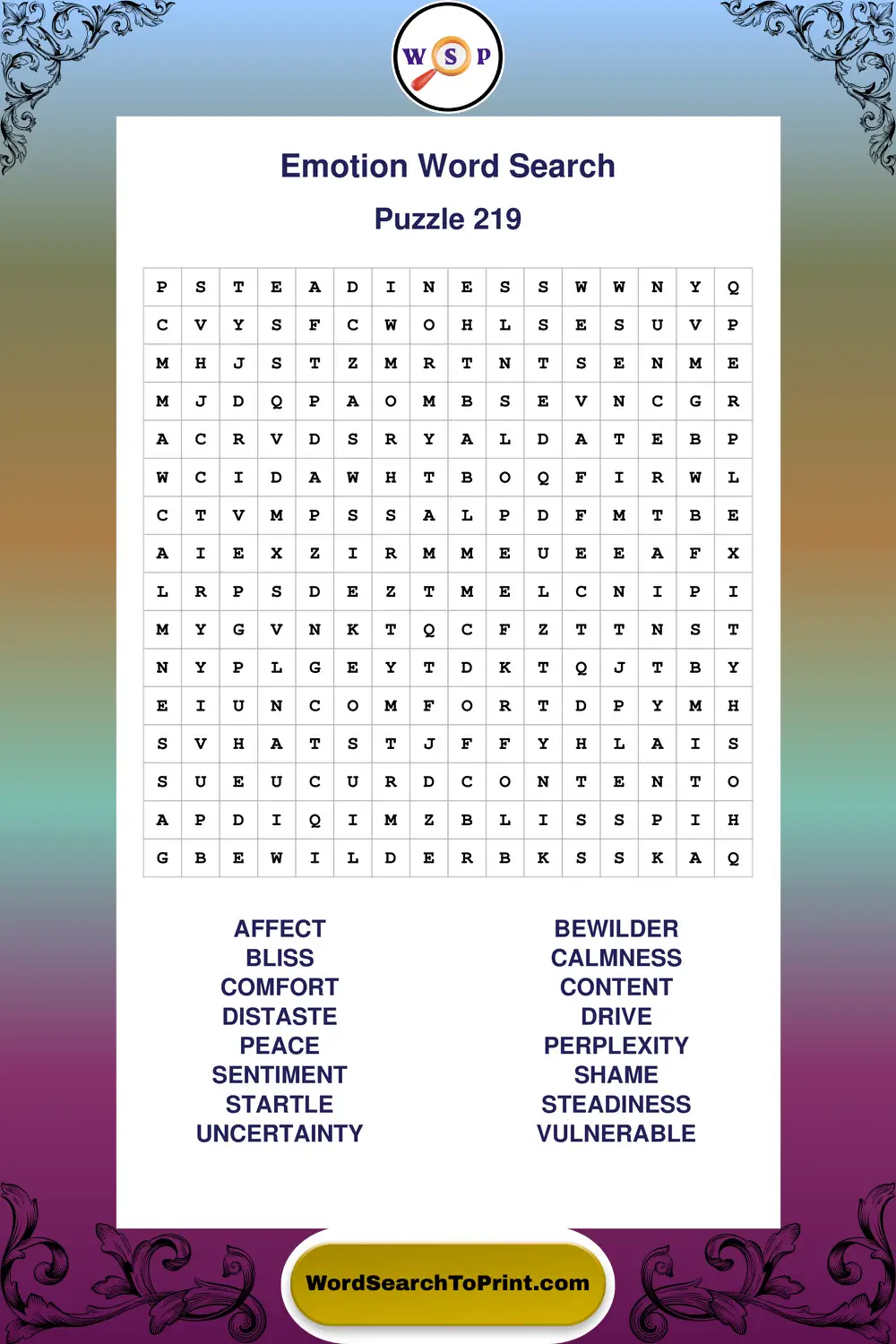 Emotion Word Search Puzzle 219