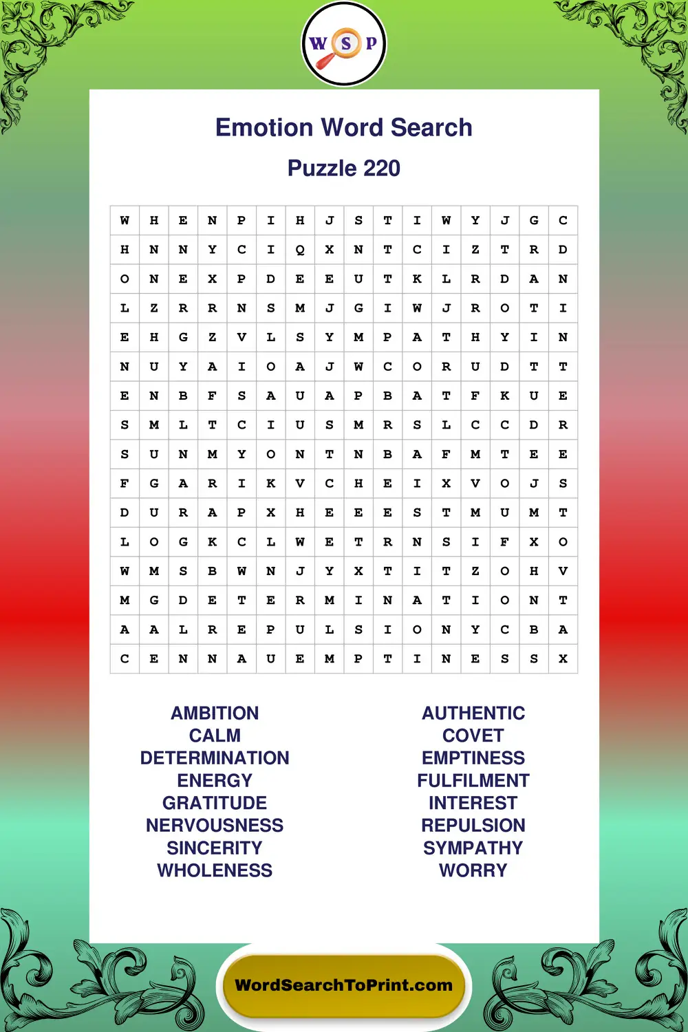 Emotion Word Search Puzzle 220