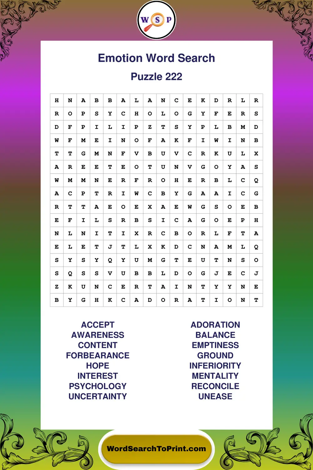 Emotion Word Search Puzzle 222