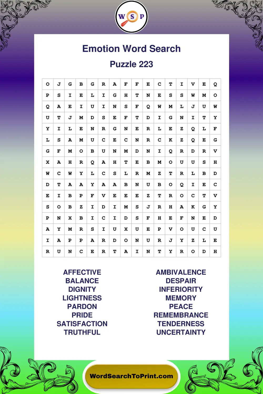 Emotion Word Search Puzzle 223