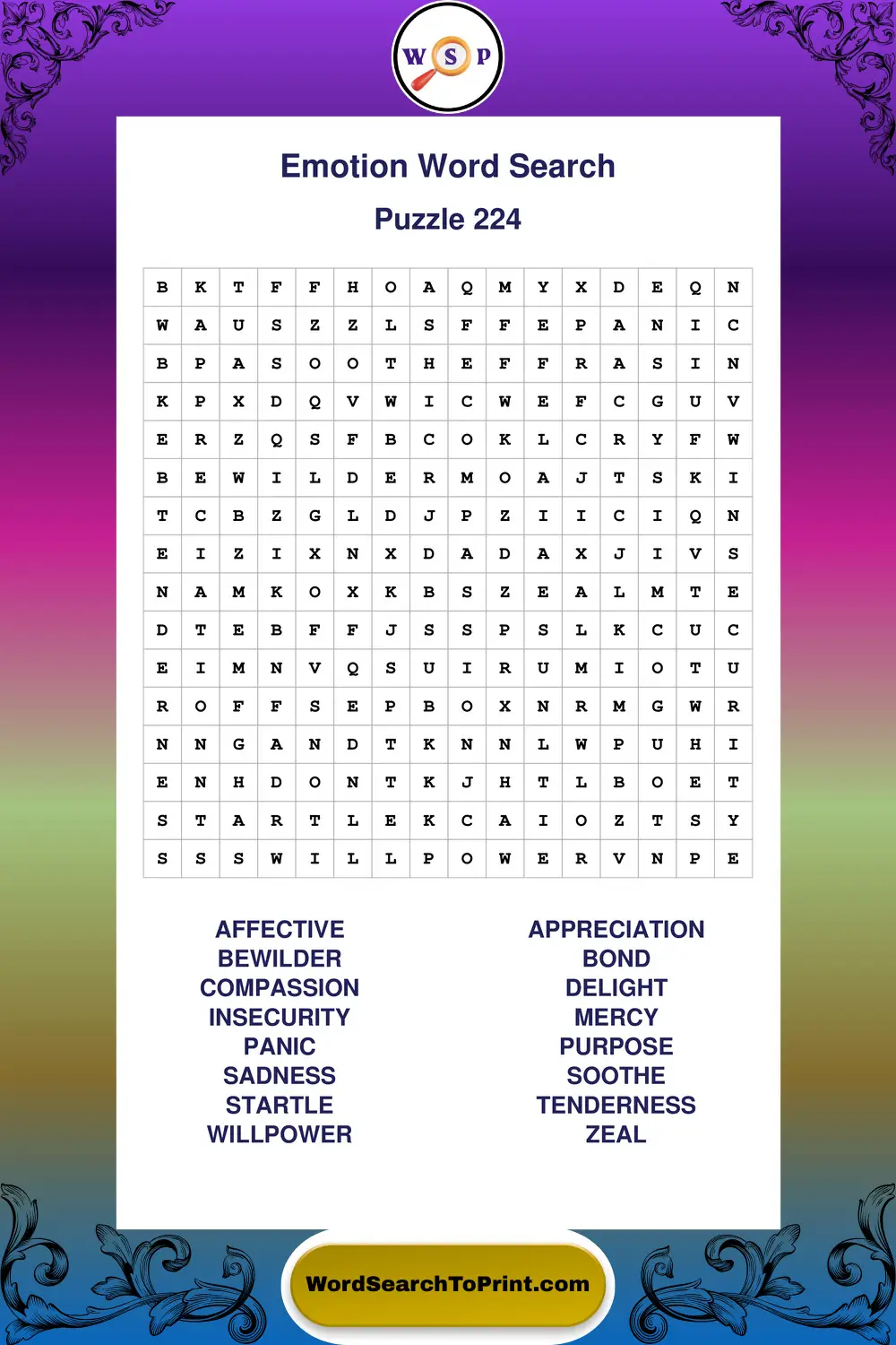 Emotion Word Search Puzzle 224