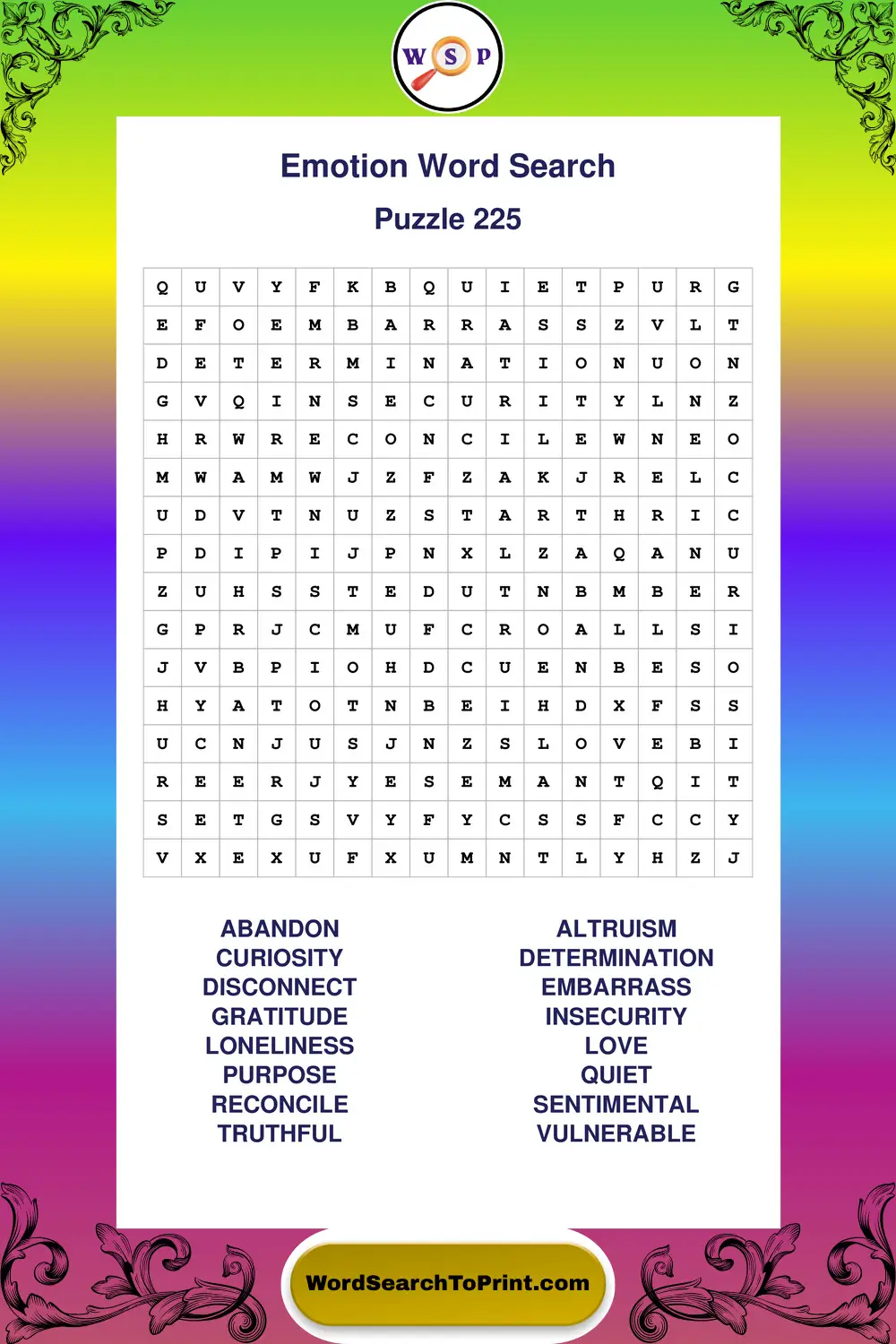 Emotion Word Search Puzzle 225