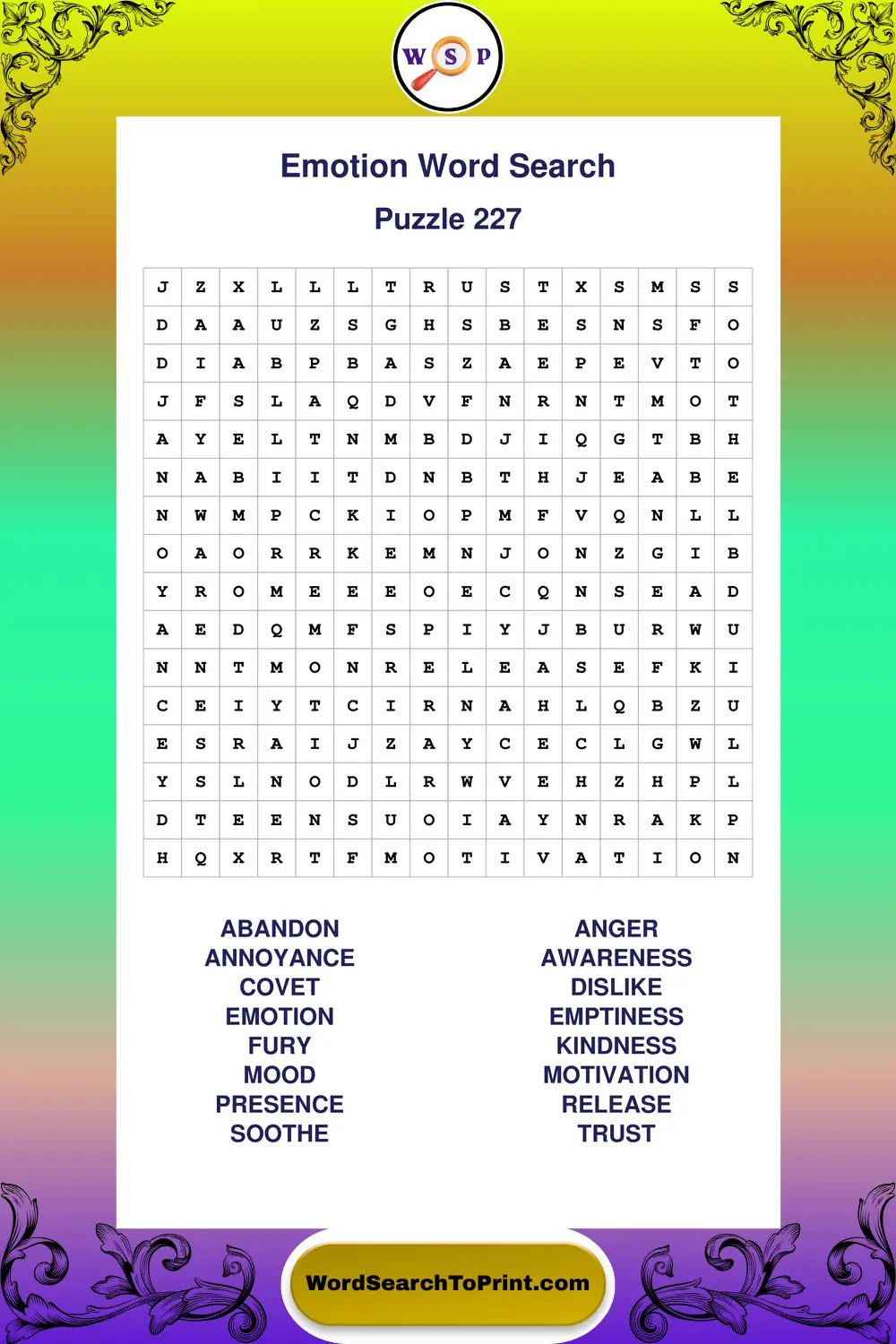 Emotion Word Search Puzzle 227