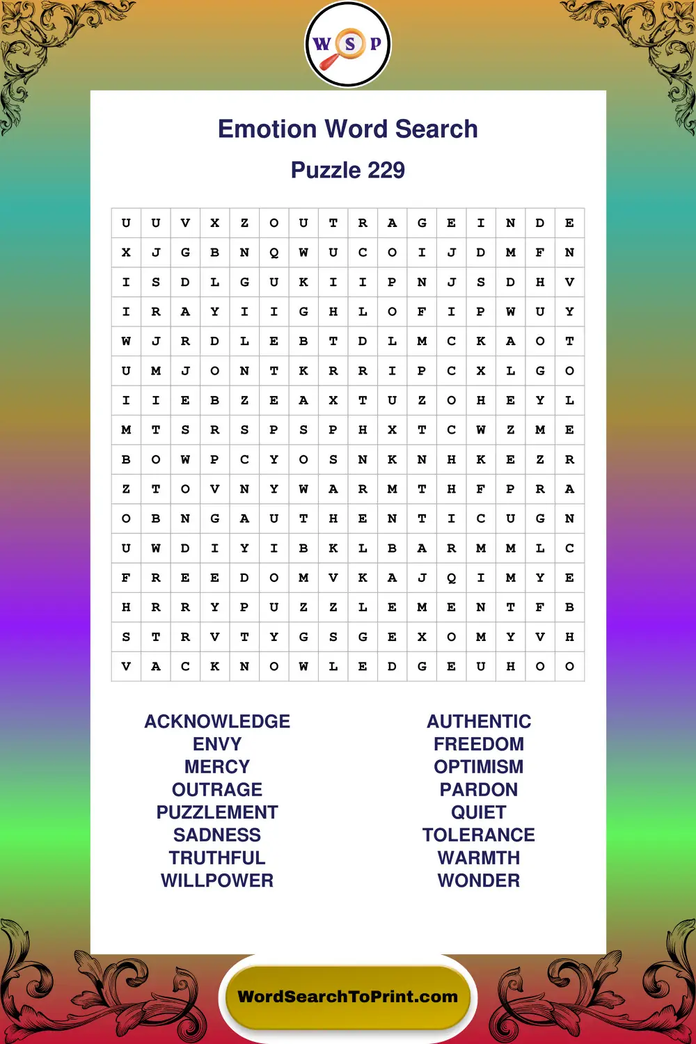 Emotion Word Search Puzzle 229