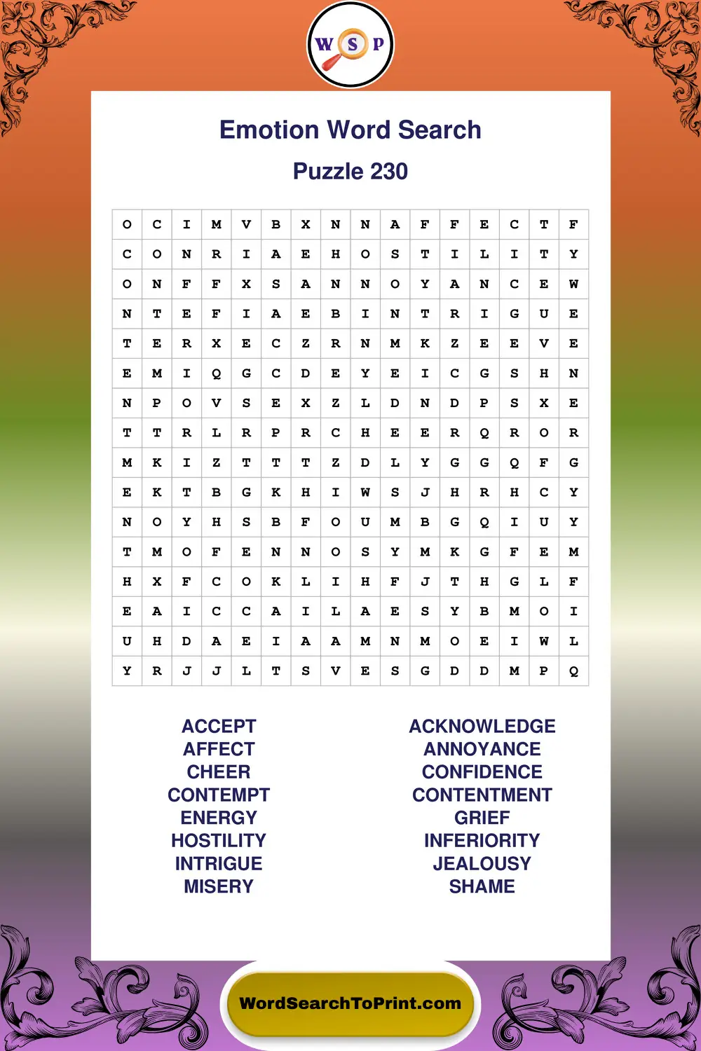 Emotion Word Search Puzzle 230