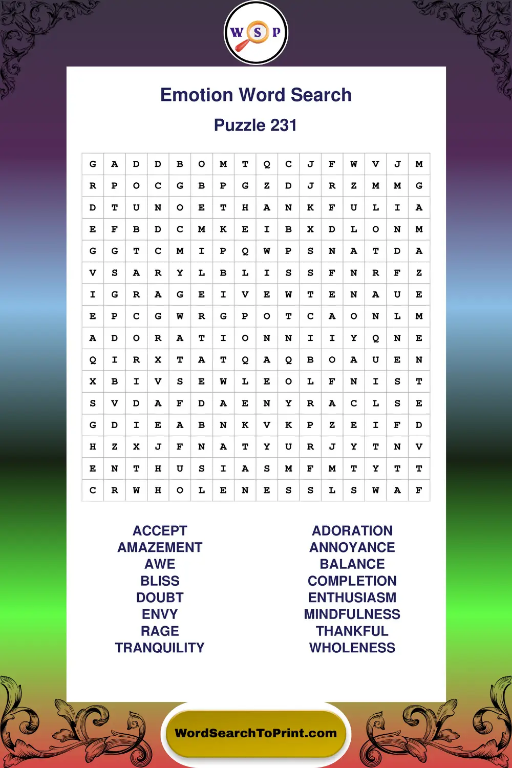 Emotion Word Search Puzzle 231