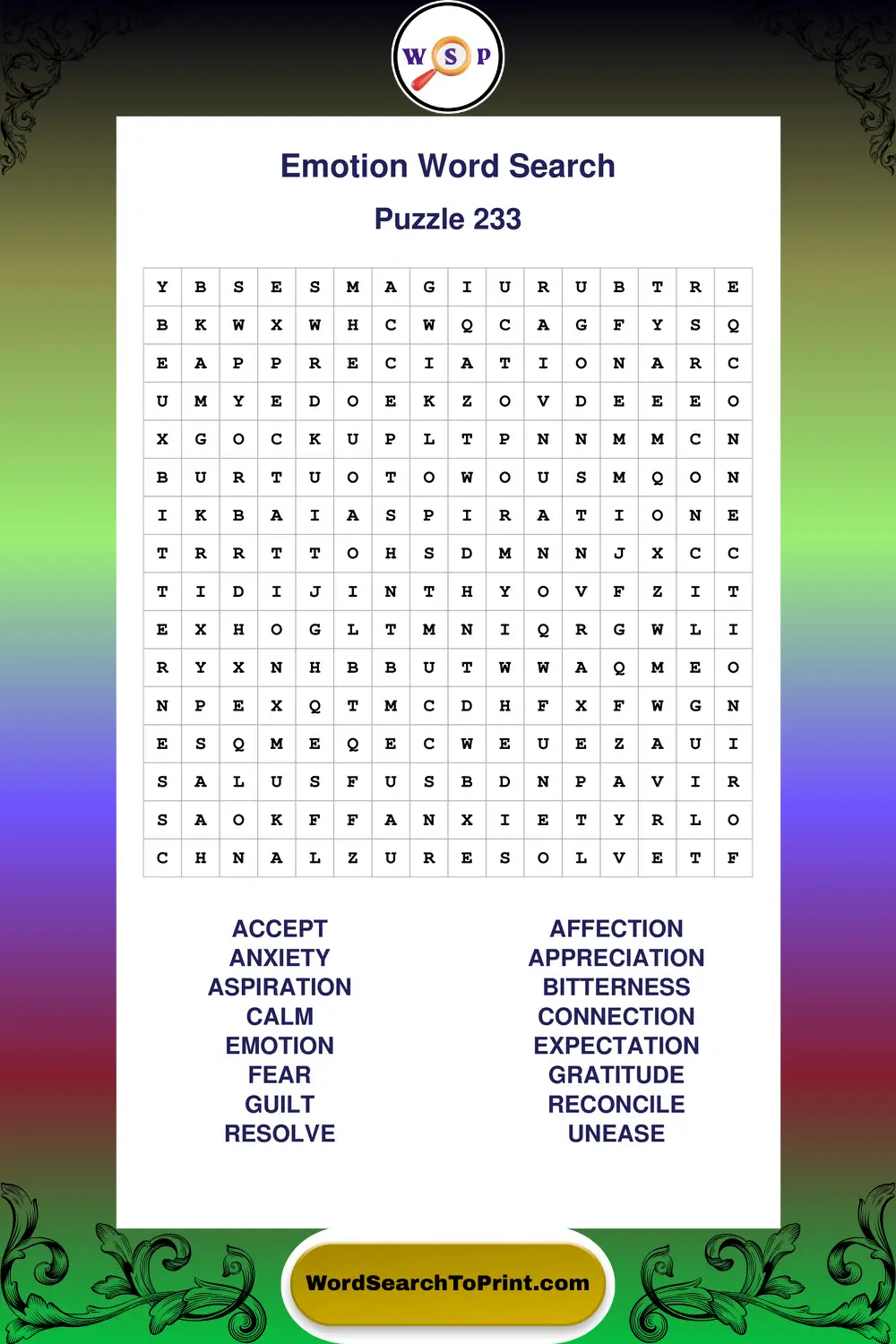 Emotion Word Search Puzzle 233