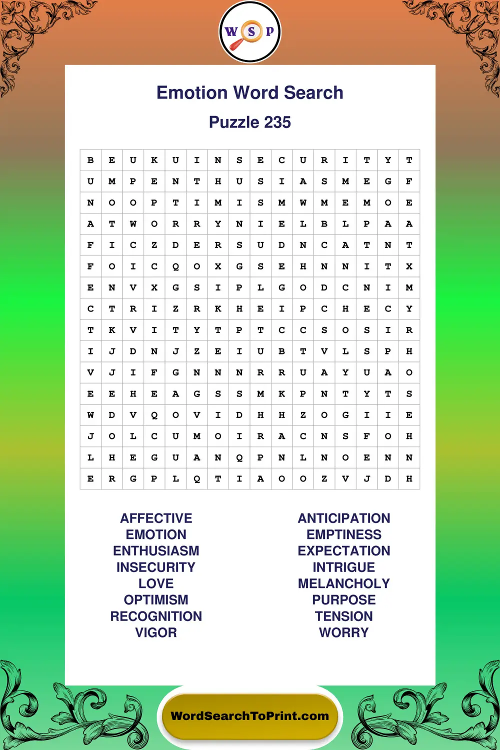 Emotion Word Search Puzzle 235