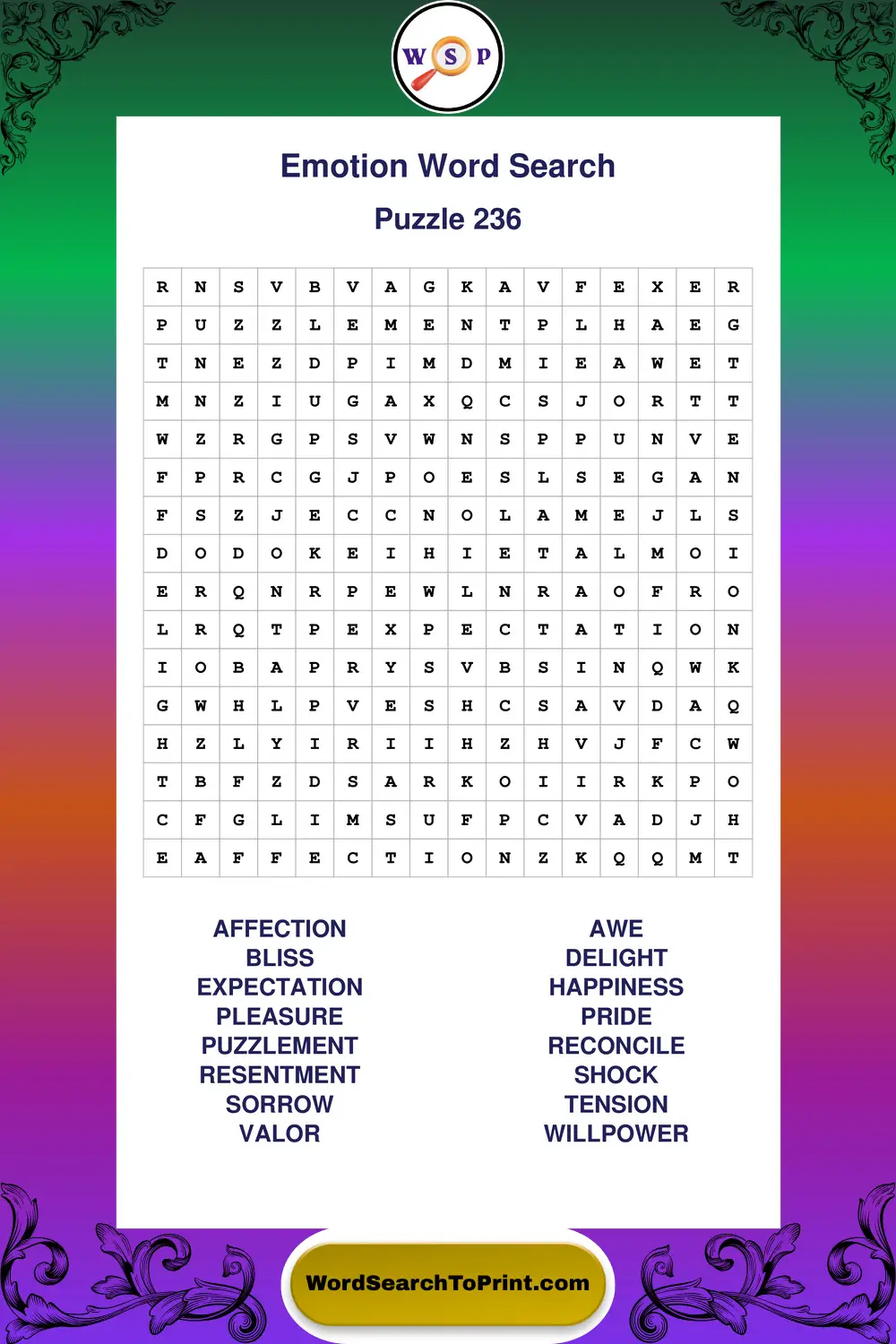 Emotion Word Search Puzzle 236