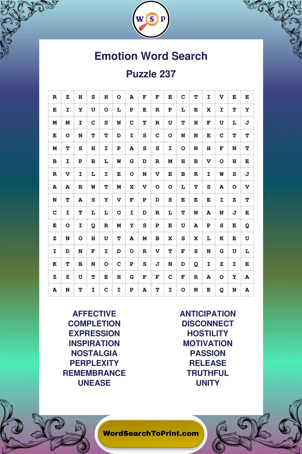 Emotion Word Search Puzzle 237