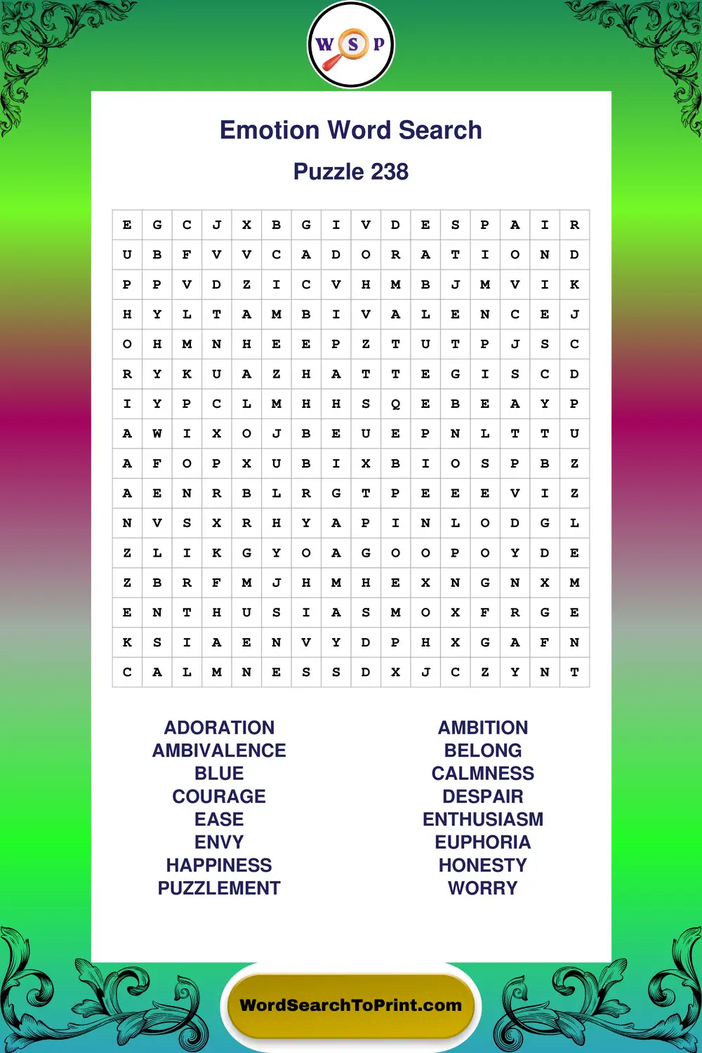 Emotion Word Search Puzzle 238