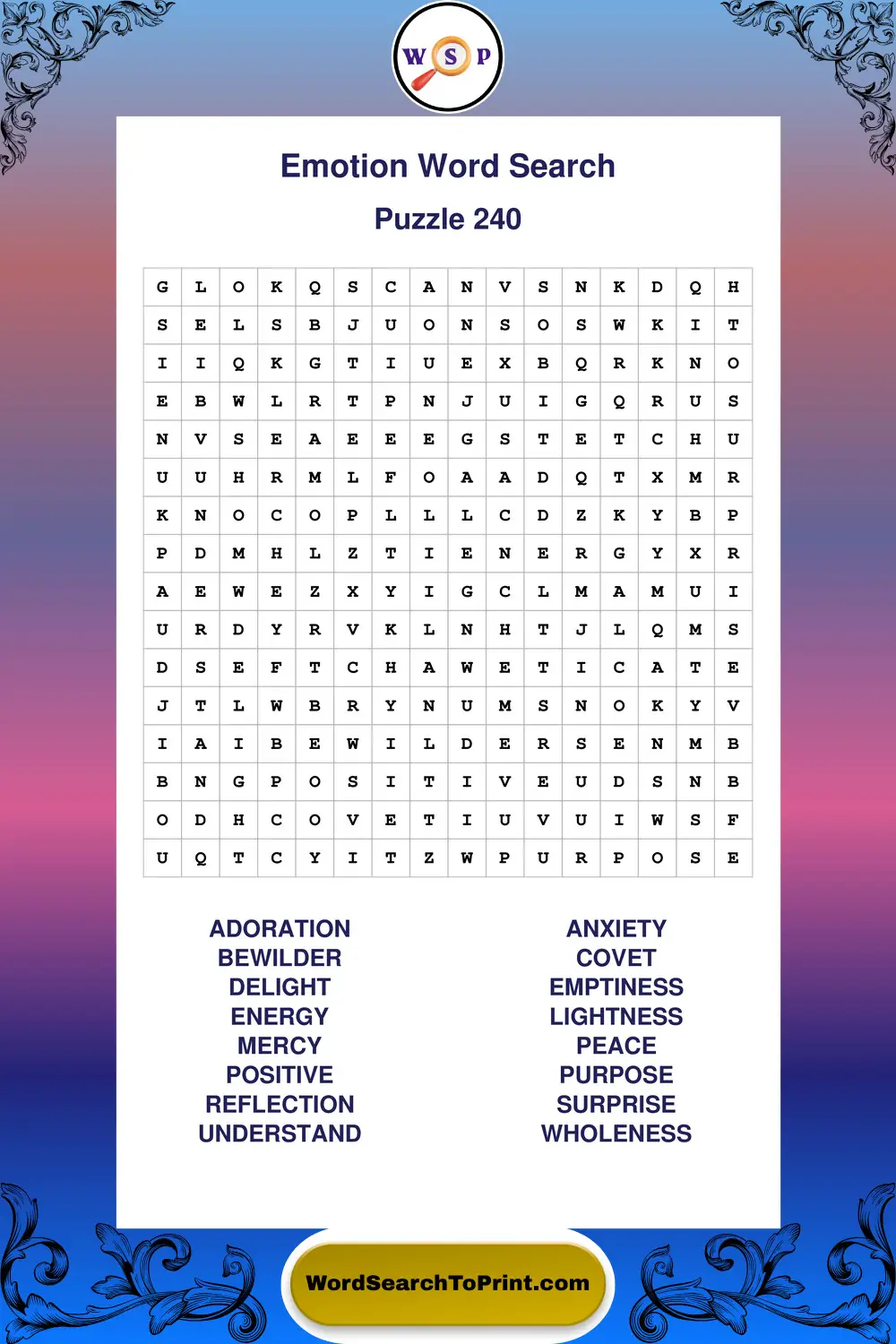 Emotion Word Search Puzzle 240