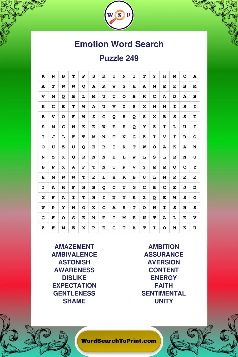 Emotion Word Search Puzzle 249