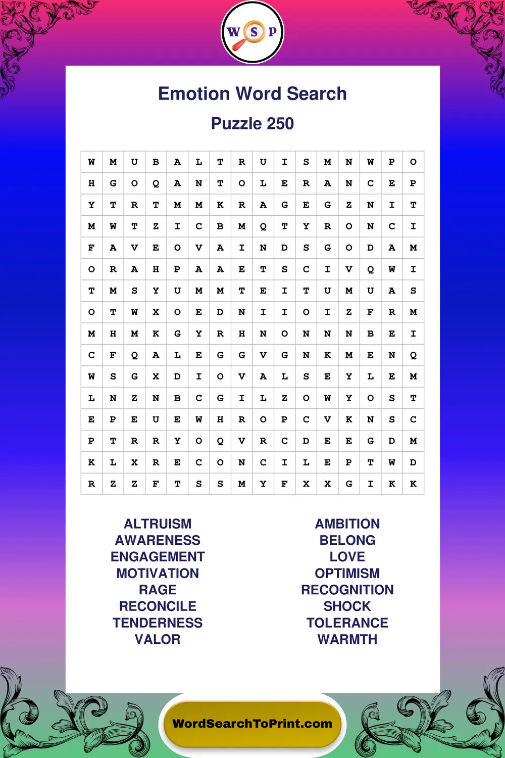 Emotion Word Search Puzzle 250