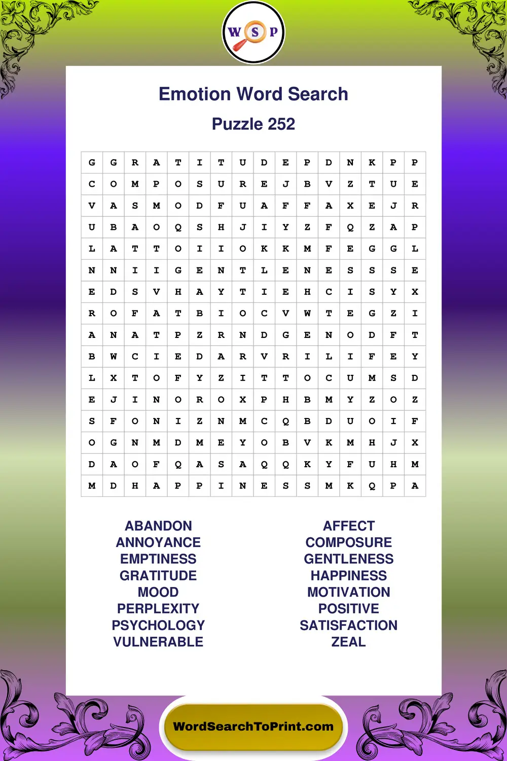 Emotion Word Search Puzzle 252