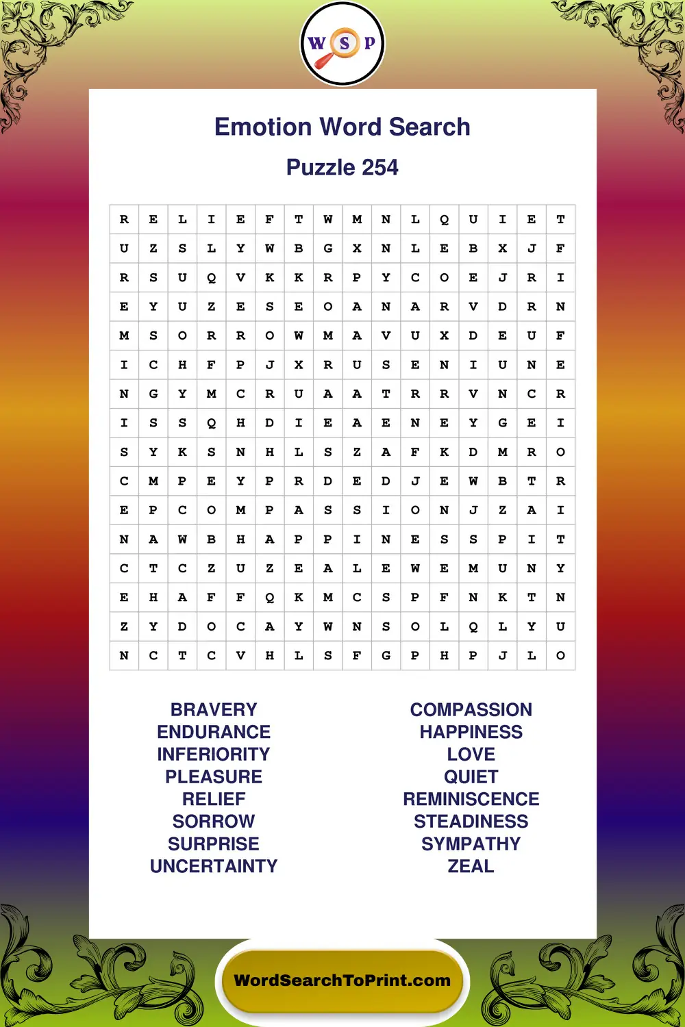 Emotion Word Search Puzzle 254