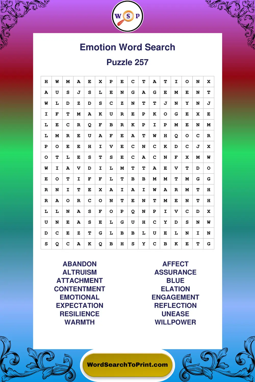 Emotion Word Search Puzzle 257