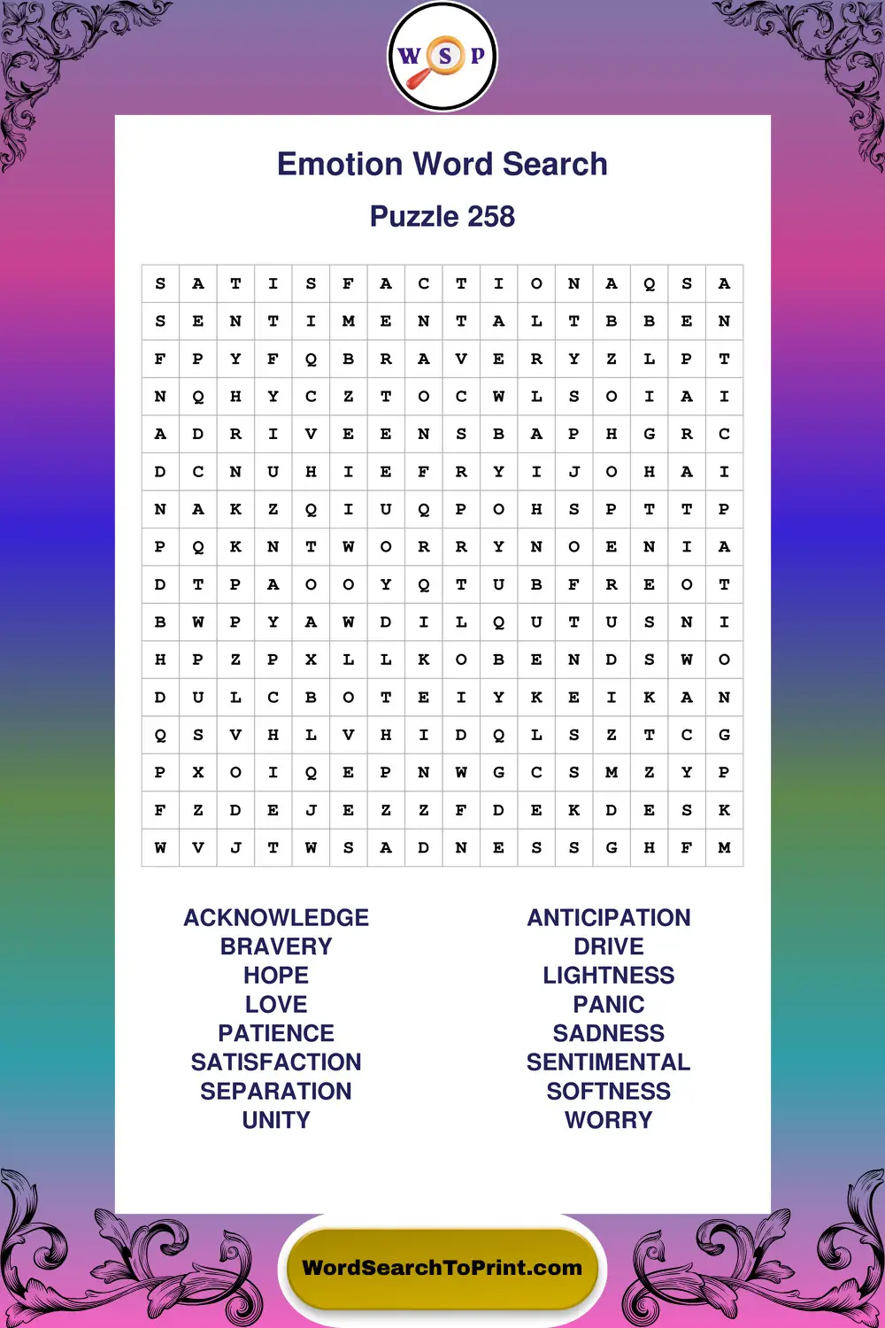 Emotion Word Search Puzzle 258