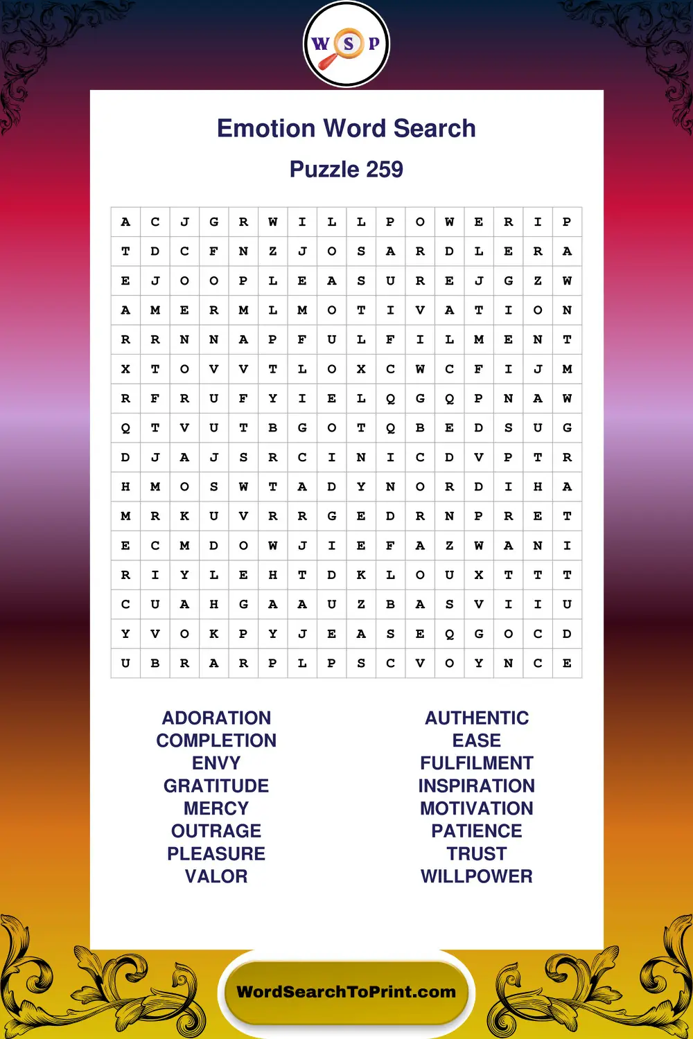 Emotion Word Search Puzzle 259