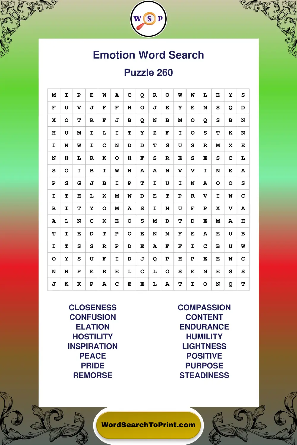 Emotion Word Search Puzzle 260