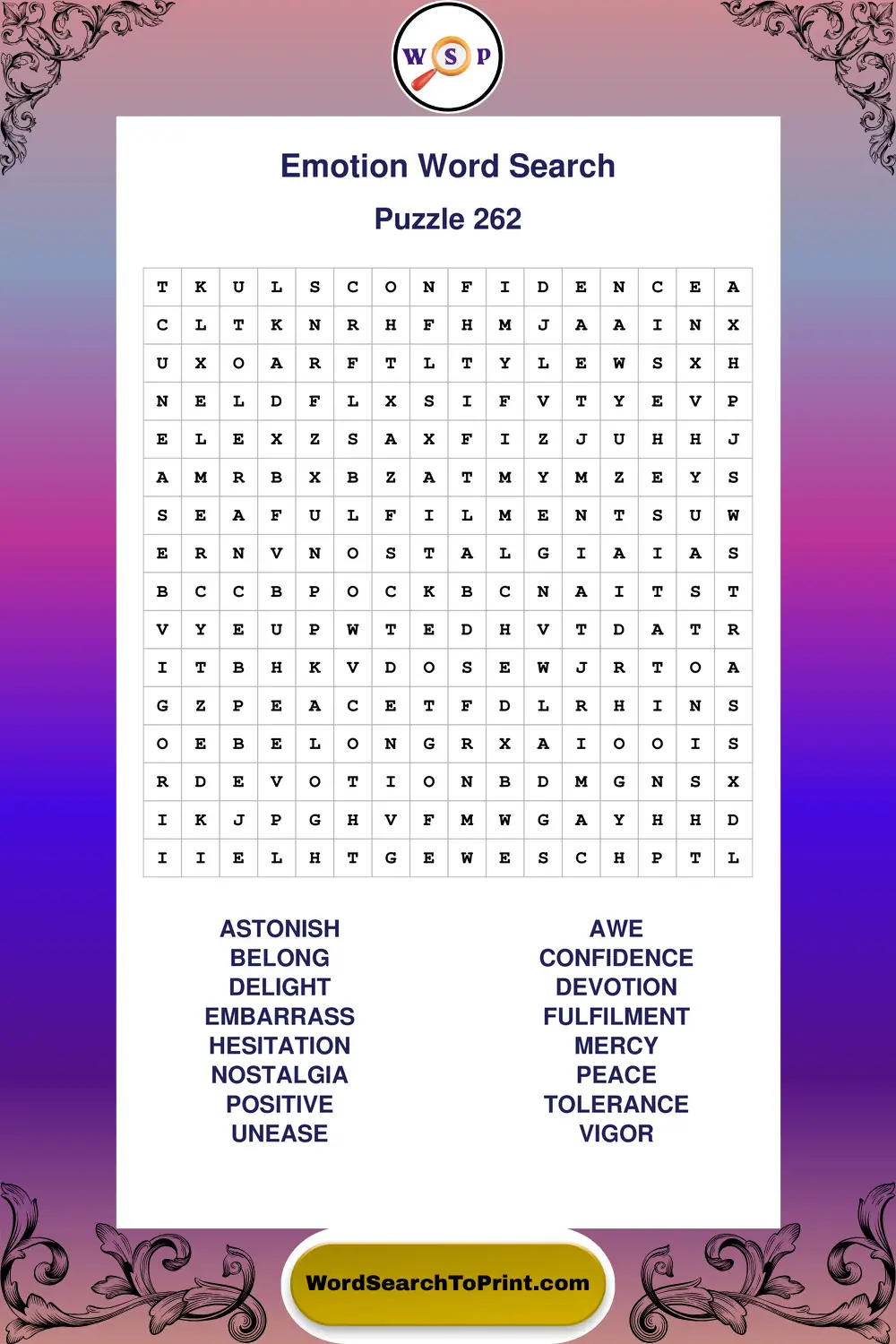 Emotion Word Search Puzzle 262