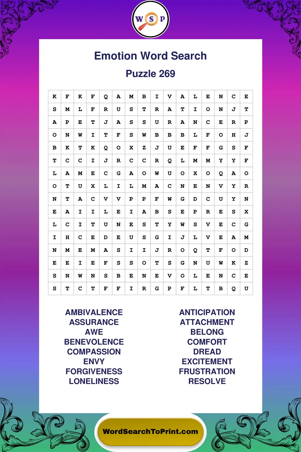 Emotion Word Search Puzzle 269