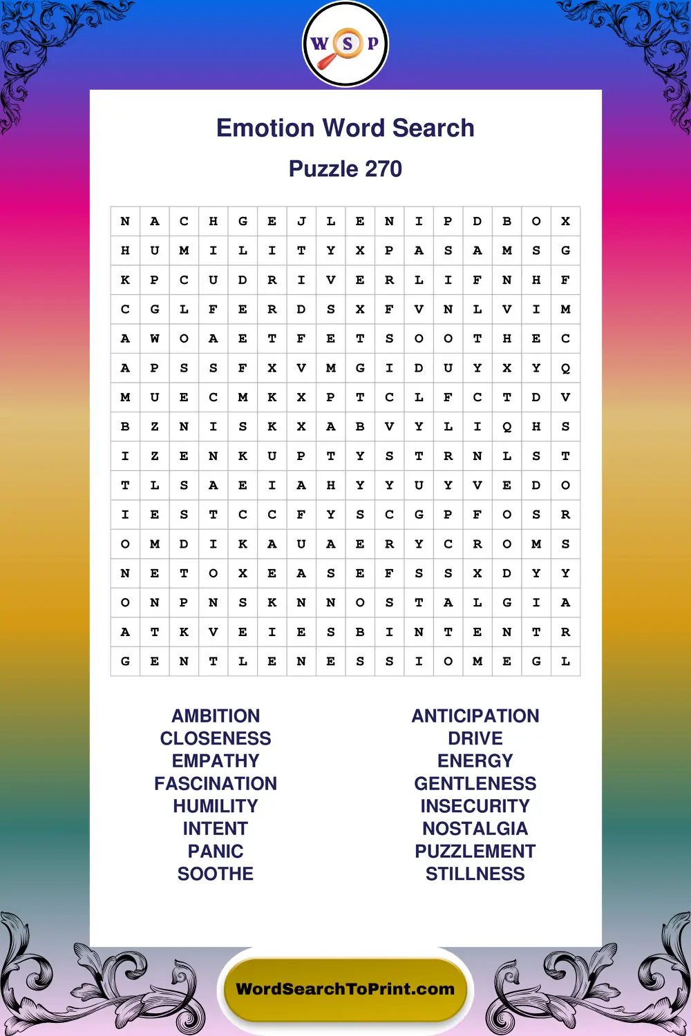 Emotion Word Search Puzzle 270