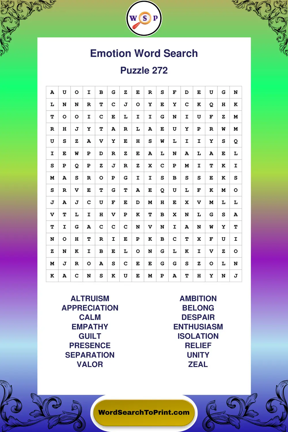 Emotion Word Search Puzzle 272