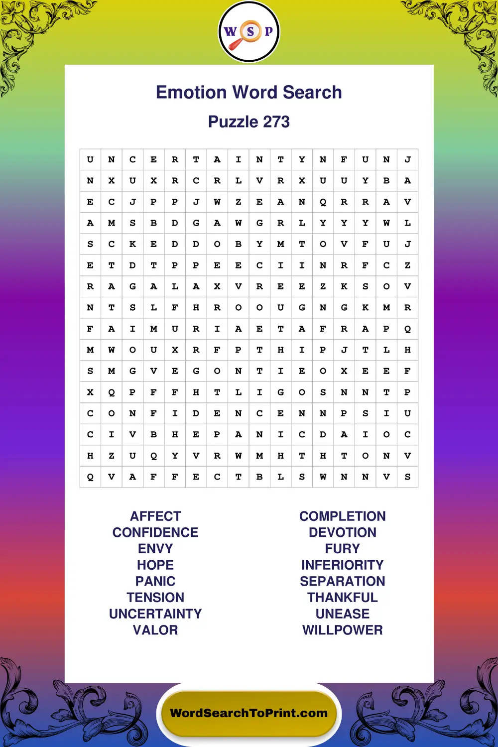 Emotion Word Search Puzzle 273