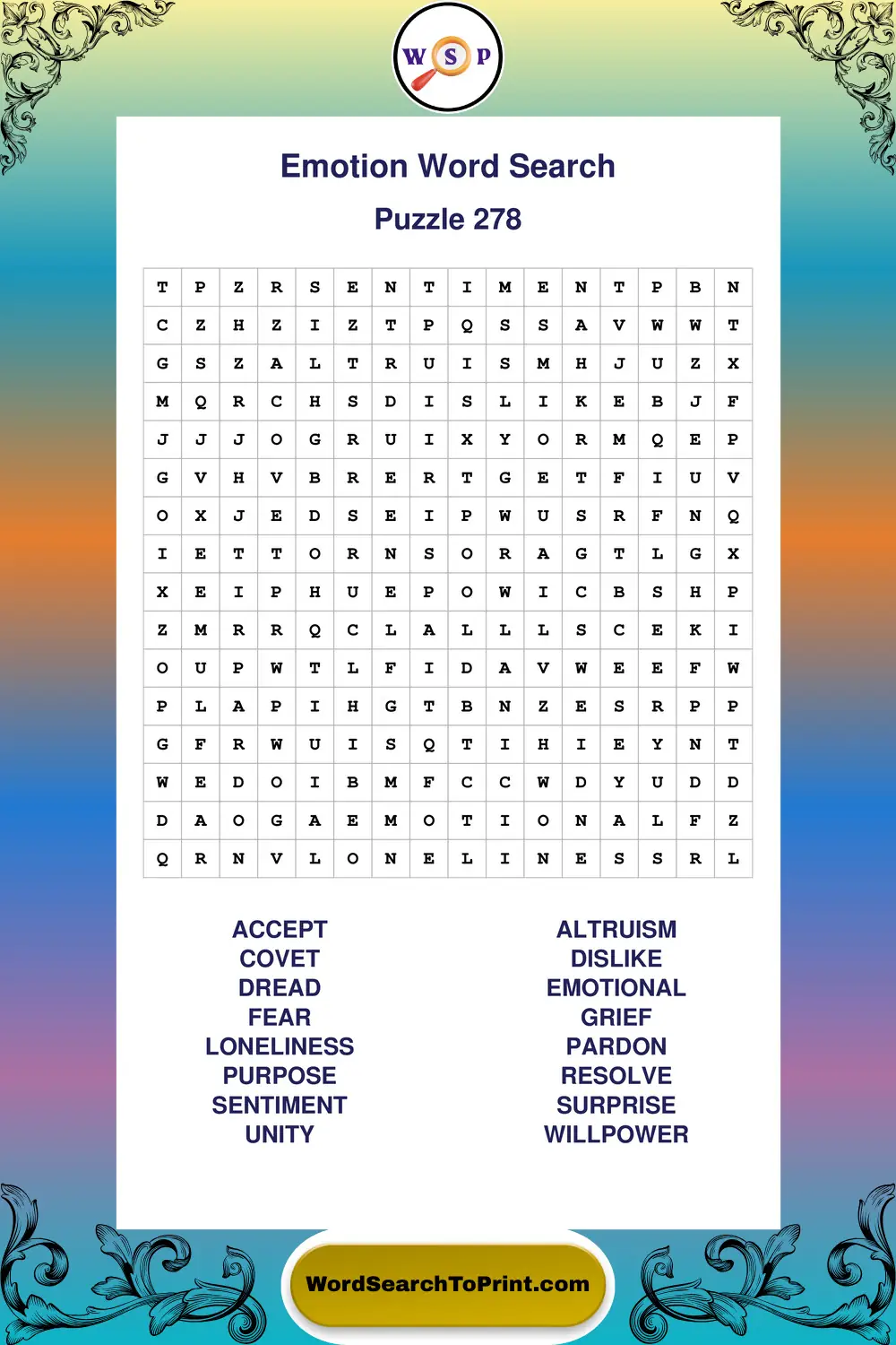Emotion Word Search Puzzle 278