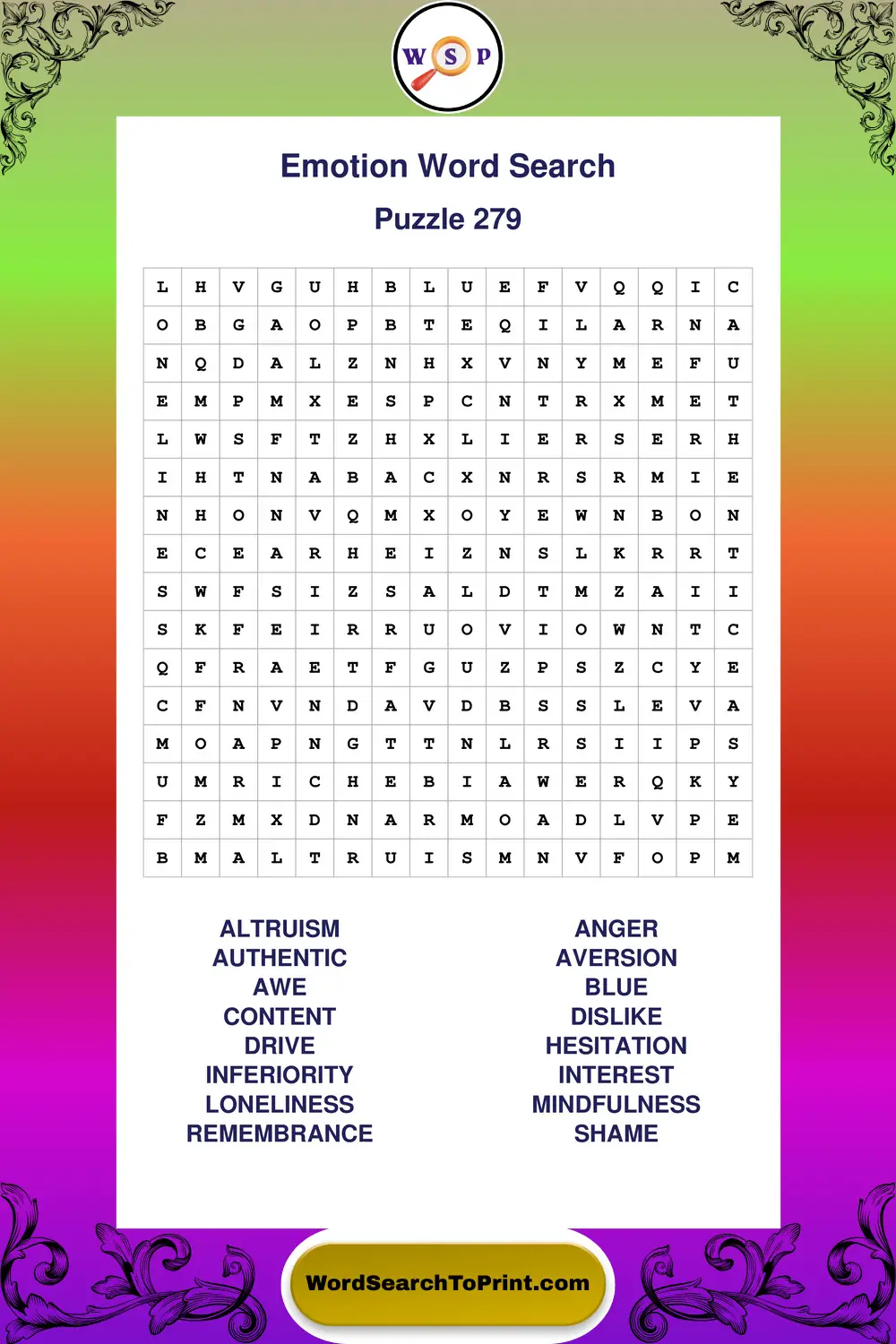 Emotion Word Search Puzzle 279