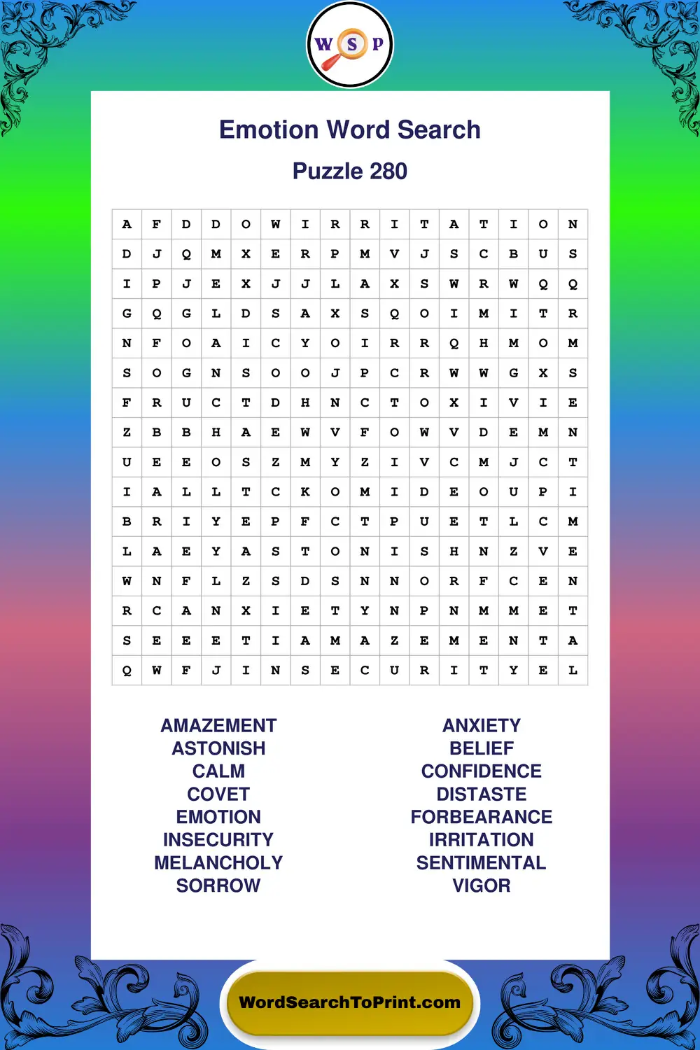 Emotion Word Search Puzzle 280