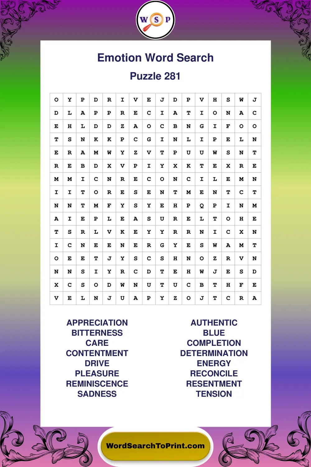 Emotion Word Search Puzzle 281