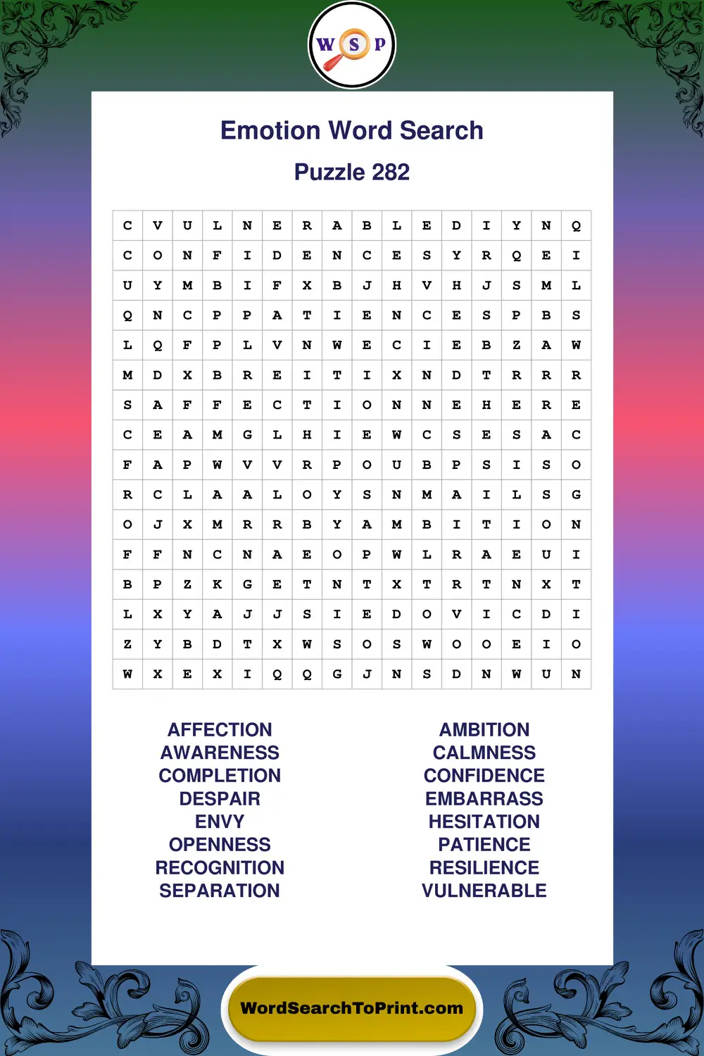 Emotion Word Search Puzzle 282